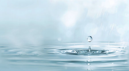 A single water drop's impact creating concentric ripples. Peaceful, serene image.の写真素材