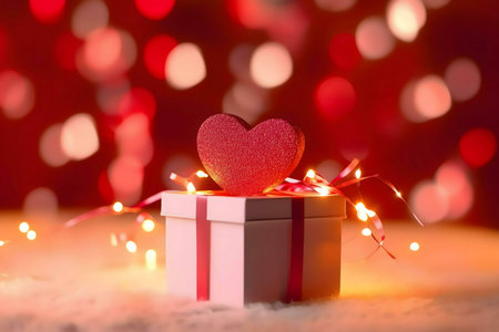 A white gift box adorned with a red heart, surrounded by warm lights, creating a romantic...