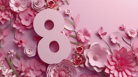 Pink paper flowers surrounding the number 8 for International Women's Day.