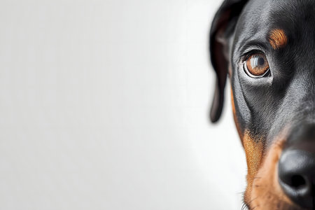Close-up portrait of a dog's head, showing its intense eyes and serious expression. The photo is taken against a simple background.の写真素材