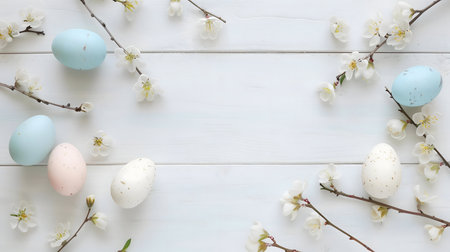 Happy Easter! Pastel colored eggs and delicate spring blossoms arranged on a white wood background.