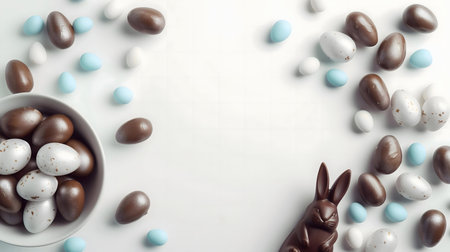 A delightful arrangement of chocolate Easter eggs and a chocolate bunny on a white background. Perfect for Easter celebrations.の写真素材