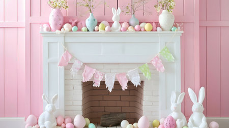 Adorable Easter fireplace mantel decorated with pastel bunnies, eggs, and spring flowers. A perfect springtime celebration setting!の写真素材