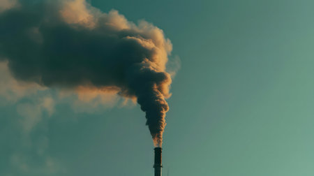 Dark smoke billows from an industrial chimney against a teal sky. Pollution and environmental concerns.の写真素材