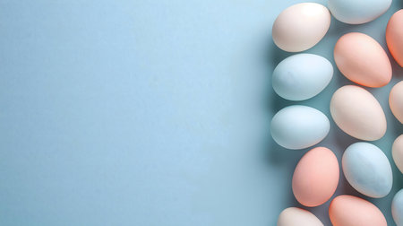 Pastel-colored eggs arranged on a light blue background.の写真素材