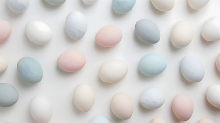 Pastel colored eggs arranged in a pattern on a white background. Perfect for Easter or spring.