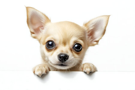 A charming Chihuahua puppy with big eyes looks over a white surface. It's a close-up portrait.の写真素材