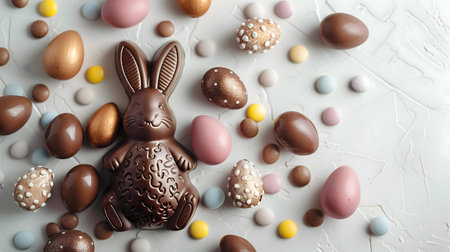 A delightful arrangement of chocolate Easter eggs and a charming chocolate bunny, perfect for a festive spring celebration.の写真素材