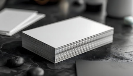 A neat stack of blank business cards rests on a dark surface. Perfect for design mockups.の写真素材