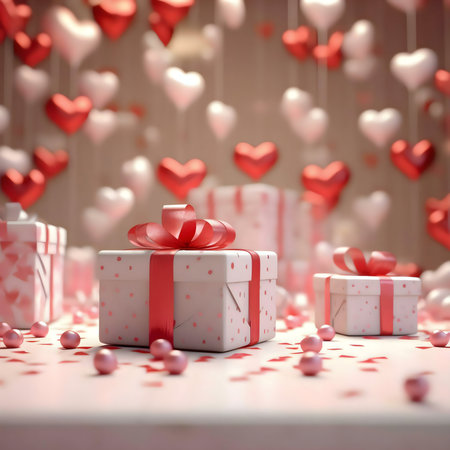 White gift boxes with red ribbons surrounded by floating hearts, perfect for a Valentine's Day celebration.の写真素材