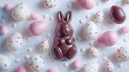 A delightful image showcasing a chocolate Easter bunny surrounded by colorful speckled eggs and white chocolate dots. Perfect for Easter celebrations.の写真素材