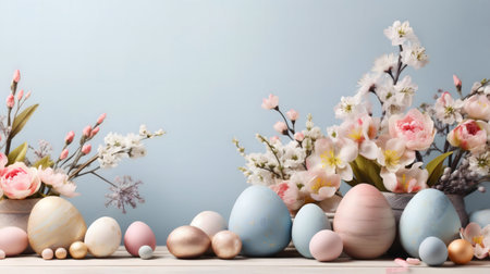 Pastel colored Easter eggs and delicate spring flowers create a beautiful and festive arrangement.の写真素材