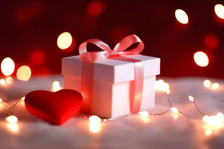 A white gift box tied with a pink ribbon sits next to a red heart, surrounded by warm fairy lights. A perfect Valentine's Day scene.の写真素材