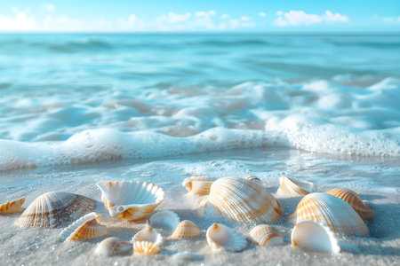 Seashells scattered on a sandy beach, gentle waves softly lapping the shore. A perfect summer scene.