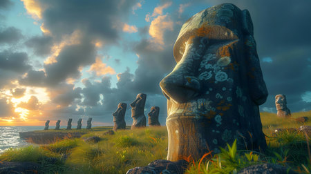Stunning sunrise view of the iconic Moai statues on Easter Island. A breathtaking scene of ancient history and natural beauty.の写真素材