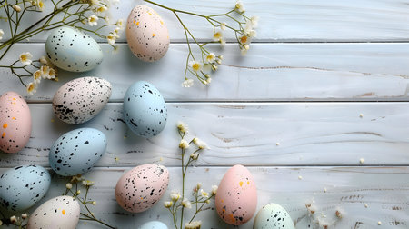 Pastel Easter eggs and delicate flowers arranged on a rustic wooden surface. Perfect for springtime...