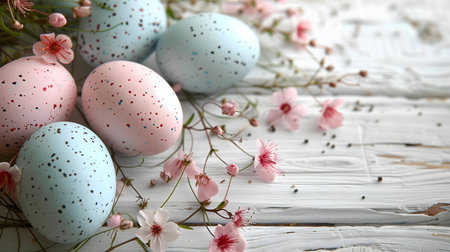 Pastel Easter eggs nestled amongst delicate spring blossoms on a rustic white wooden background. A...