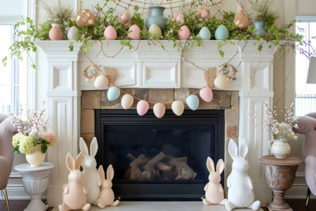 A charming Easter fireplace mantel decorated with pastel eggs, bunnies, and spring flowers.の写真素材