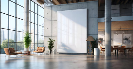 Spacious modern loft with a large blank canvas, city view, and stylish furniture.
