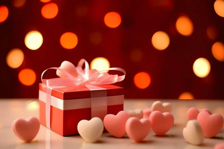 Red gift box with pink ribbon and hearts. Valentine's Day.