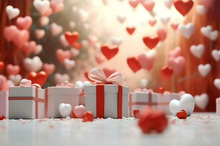 A dreamy scene of gifts and floating hearts for Valentine's Day. Perfect for romantic occasions.の写真素材
