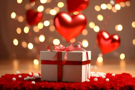 A white gift box with a red ribbon sits on a red surface, surrounded by red heart shapes and warm lights, perfect for Valentine's Day.の写真素材