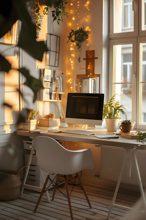 A charming home office bathed in warm, golden light, featuring a computer, plants, and cozy decor.の写真素材