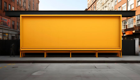 A large, bright yellow billboard with a bench underneath stands on a city street. Perfect for advertising.の写真素材