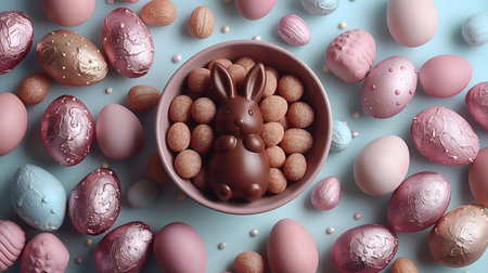 A delightful Easter scene with a chocolate bunny surrounded by pastel eggs and candy.の写真素材