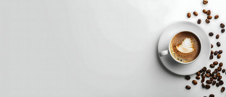 A cup of latte art coffee with roasted beans. Minimalist style.の写真素材