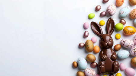 A delightful Easter image featuring a chocolate bunny surrounded by colorful candy eggs. Perfect for spring celebrations!の写真素材