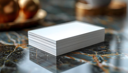 A stack of blank white business cards rests on a polished marble surface. Ready for your design!の写真素材