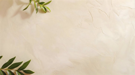 A simple, elegant beige background with green leaves. Perfect for branding, design projects, or social media.の写真素材
