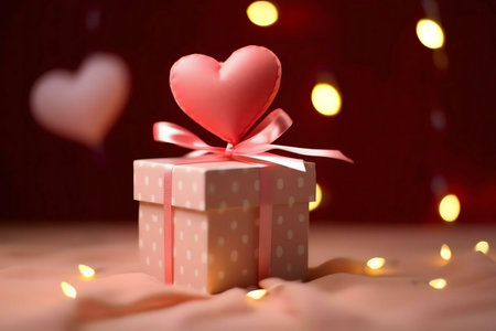 A pink gift box adorned with a heart sits on a soft pink fabric, surrounded by warm lights. It's the...