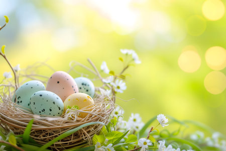 A charming image of pastel-colored Easter eggs nestled in a bird's nest, surrounded by delicate...
