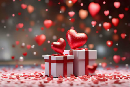 Two elegant gift boxes adorned with red hearts, surrounded by falling hearts, create a romantic...