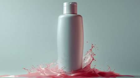 A sleek, light gray cosmetic bottle stands amidst a vibrant pink liquid splash. Clean aesthetics.の写真素材