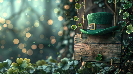A magical St. Patrick's Day scene with a leprechaun's hat and a wooden sign in a lush green forest.の写真素材