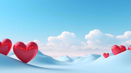Red hearts nestled on a snow covered mountain range. A romantic, serene scene under a vibrant blue...