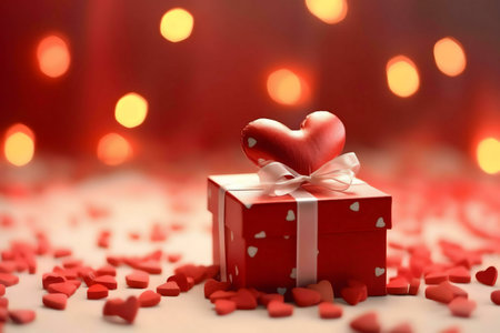 A red gift box with a heart on top, surrounded by small hearts. Perfect for Valentine's Day.の写真素材