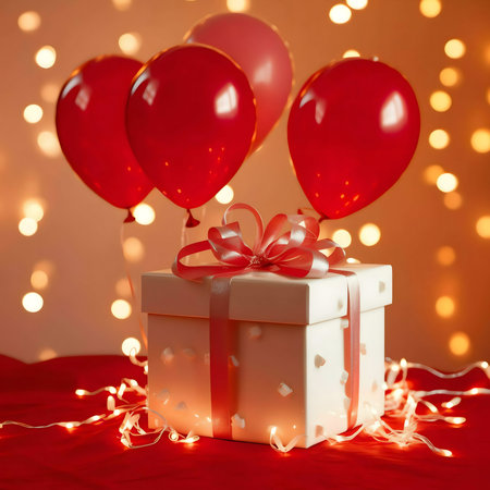 A romantic gift scene with red balloons and fairy lights surrounding a beautifully wrapped present.の写真素材
