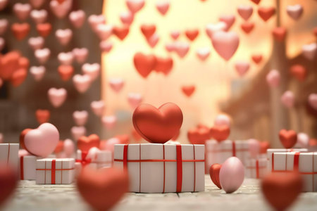 3D rendering of hearts and gifts. A romantic Valentine's Day scene with falling hearts and gift boxes. Perfect for romantic backgrounds.の写真素材