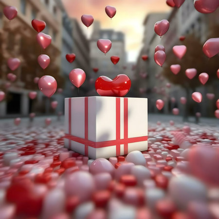 A white gift box topped with a red heart, surrounded by floating pink and red heart-shaped balloons...