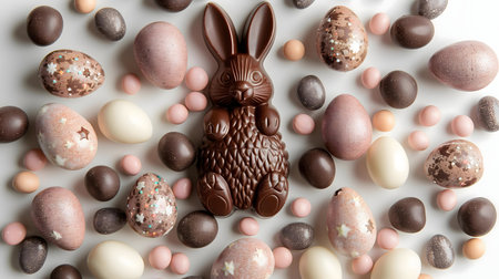 A charming chocolate bunny surrounded by pastel chocolate eggs. Perfect Easter treat!