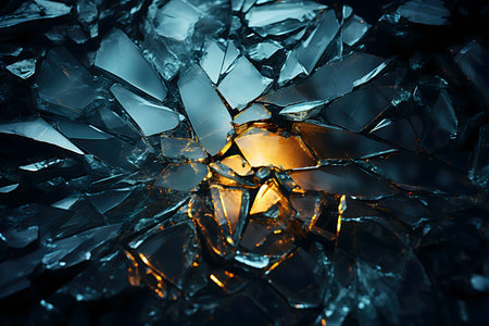 Close-up view of shattered glass with an orange glow. Dark and dramatic abstract image.の写真素材