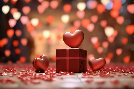 Red hearts, a gift box, and a romantic atmosphere perfect for Valentine's Day.の写真素材