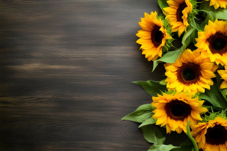 A bunch of sunflowers on a dark brown wooden background. Beautiful and vibrant summer floral arrangementの写真素材