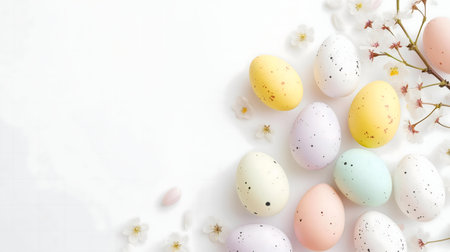 Pastel colored Easter eggs and delicate cherry blossoms on white background.の写真素材