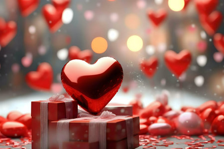 Red heart shaped balloons and gifts for Valentine's Day. A romantic scene.の写真素材