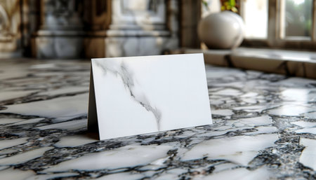A blank card sits on a marble surface. Elegant, stylish design.の写真素材
